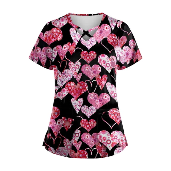 Womens Scrub Tops Love Heart Printed V-Neck Breathable T-Shirts Short Sleeve Professionals Soft Stretch Valentine's Day Scrub Tops with Pockets pink XX-Large