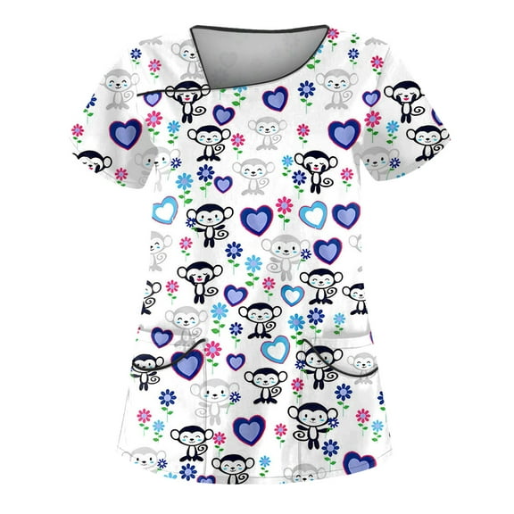 Womens Scrub Tops Love Heart Printed V Neck Breathable T-Shirts Short Sleeve Professionals Soft Stretch Valentine's Day Workwear Shirt with Pockets white Large