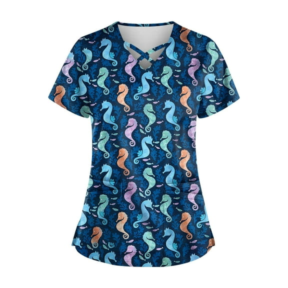 Womens Scrub Tops Love Heart Printed V Neck Breathable Workwear Shirt Short Sleeve Professionals Soft Stretch Valentine's Day Scrub Tops with Pockets navy 3X-Large