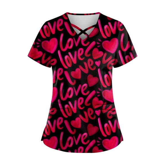 Womens Scrub Tops Love Heart Printed V-Neck Breathable Workwear Shirt Short Sleeve Professionals Soft Stretch Valentine's Day Scrub Tops with Pockets hot pink X-Large