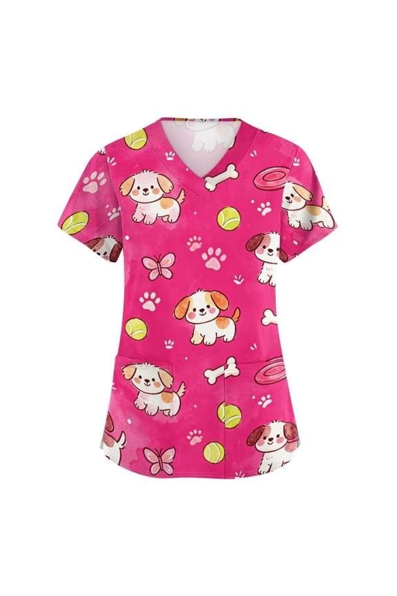 Womens Scrub Tops Nursing Uniform V Neck Short Sleeve Cartoon Animals Printed Scrub Shirts
