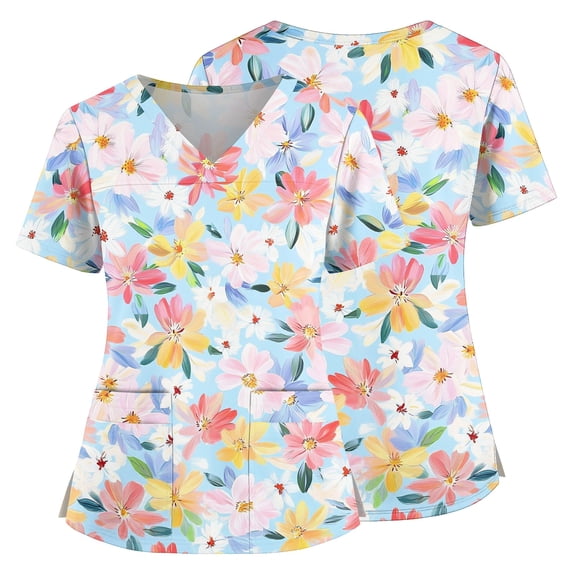 Womens Scrub Tops Red Flower Print Short Sleeve V Neck Lightweight Scrub Blouse