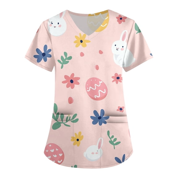 Womens Scrub Tops,Scrub Tops Womens Cute Easter Printed Nurse Uniforms 2026 Short Sleeve Scrub V Neck Shirt with Pockets,Pink,XXXXL