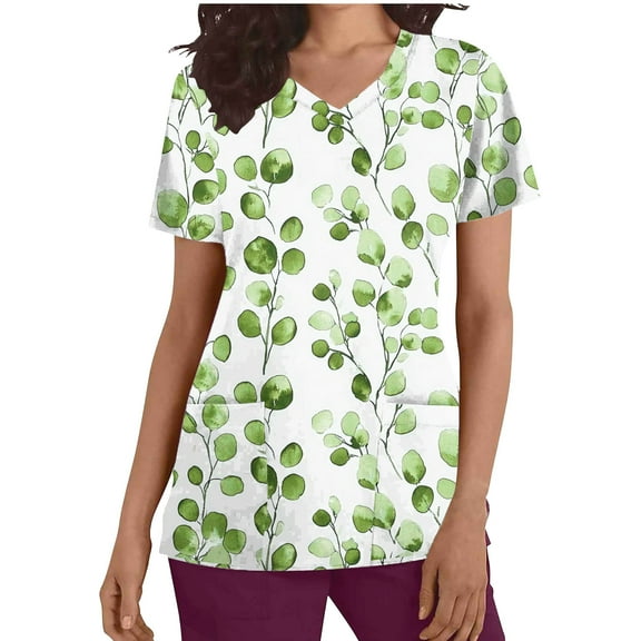 Womens Scrub Tops Short Sleeve V-Neck Floral Print Shirts Nursing Uniforms with Pockets Work Clothes Outfits