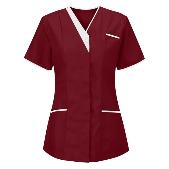 Womens Scrub Tops Soft Stretch Easy Care Workwear Nurses Tunic Uniform Casual Short Sleeve V-Neck Tops Wine XL