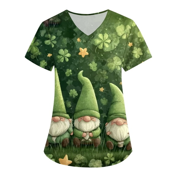 Womens Scrub Tops St Patricks Day Scrubs Top Shamrock Printed Graphic Working Uniform Holiday Workwear