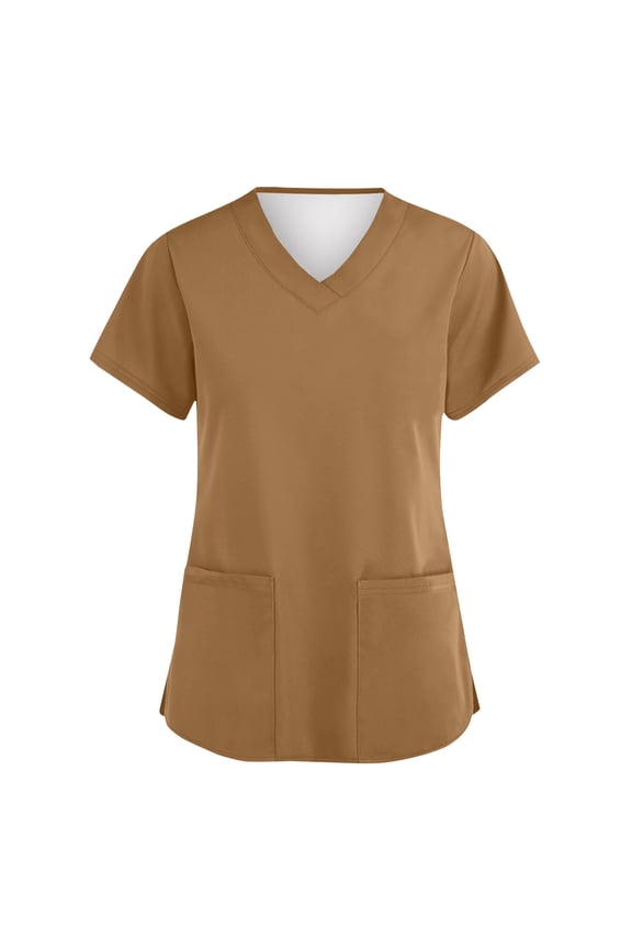 Womens Scrub Tops Summer Casual Solid Color Short Sleeve V Neck Nurse Uniform Work Blouse Loose Workout Pullover Shirt 3XL Polyester