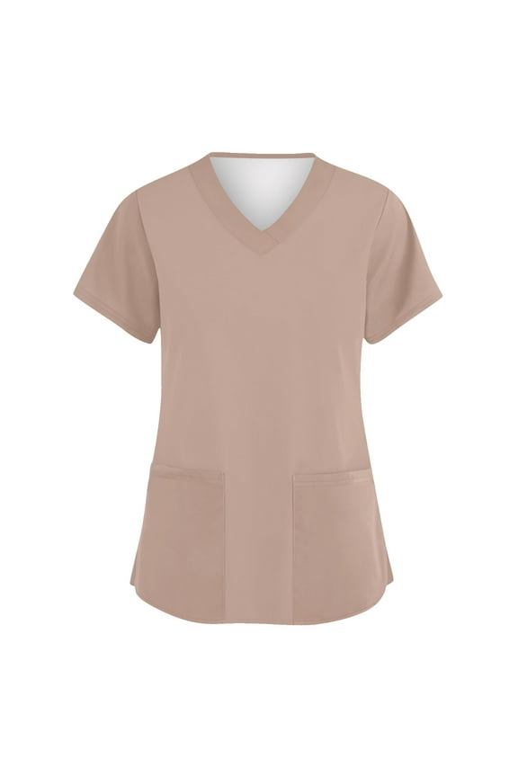Womens Scrub Tops Summer Casual Solid Color Short Sleeve V Neck Nurse Uniform Work Blouse Loose Workout Pullover Shirt L Polyester