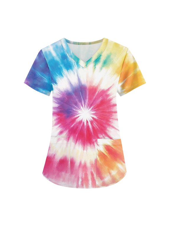 Womens Scrub Tops Tie Dye Print V Neck Short Sleeve With Pocket Caregiver Workwear Summer Casual Work Style Everyday Wear