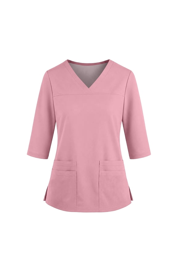 Womens Scrub Tops V-Neck 3/4 Sleeve Medical Scrub Shirts with 2 Front Pockets and Side Slits Pink 3XL