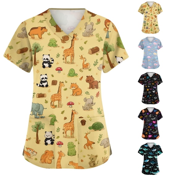 Womens Scrub Tops V Neck Cartoon Short Sleeve Medical Uniform Breathable Nurse Medical Scrubs with Pockets, 4XL