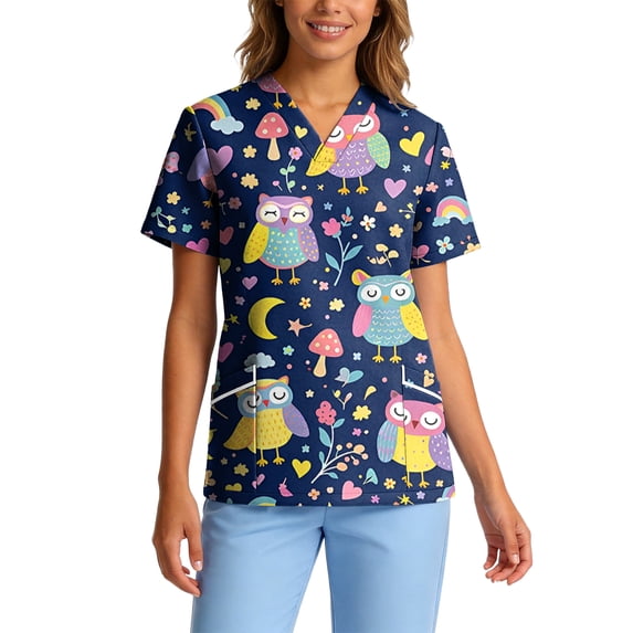 Womens Scrub Tops V-Neck Cute Animal Printed Plus Size Scrub Top Short Sleeve Stretch Working Uniform Medical Nursing Scrubs with Pockets