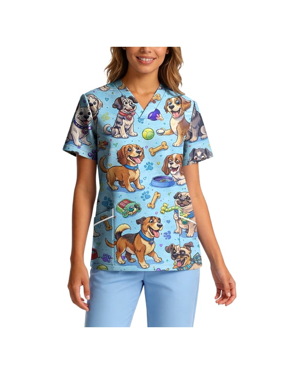 Womens Scrub Tops V-Neck Cute Animal Printed Plus Size Scrub Top Short Sleeve Stretch Working Uniform Medical Nursing Scrubs with Pockets