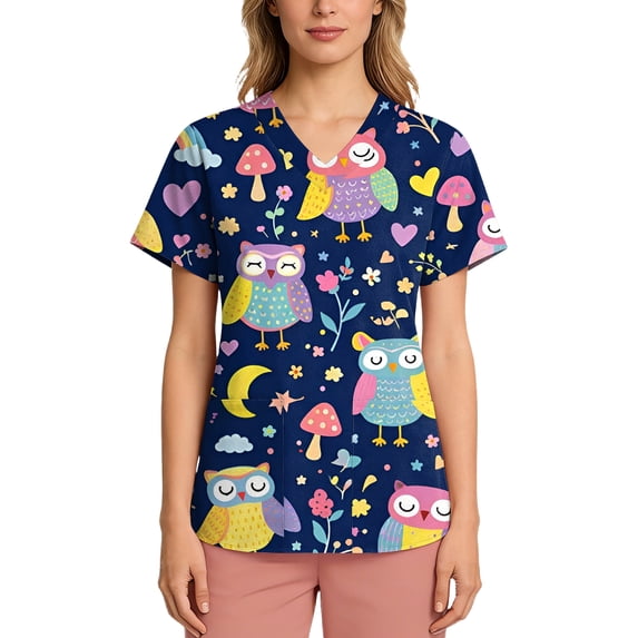 Womens Scrub Tops V-Neck Short Sleeve Cartoon Animal Print Stretchy Scrubs Healthcare Work Uniforms