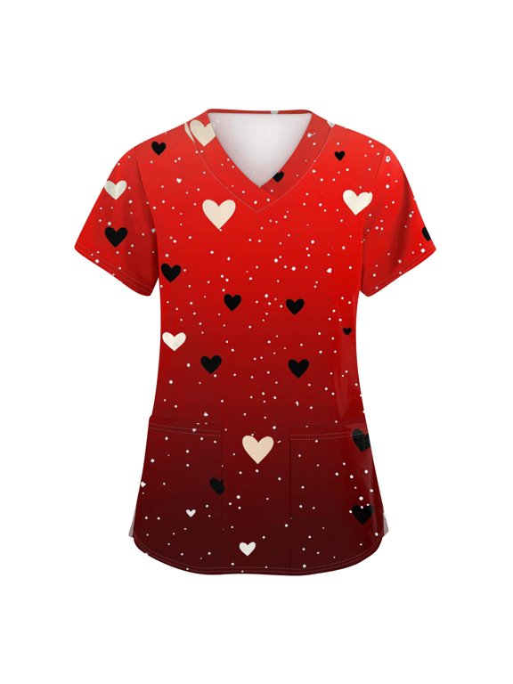 Womens Scrub Tops,Women's Fashion V-Neck Short-Sleeve Workwear with Pockets Valentine's Day Printed Top Nursing Scrub Top - Red - XXXXL