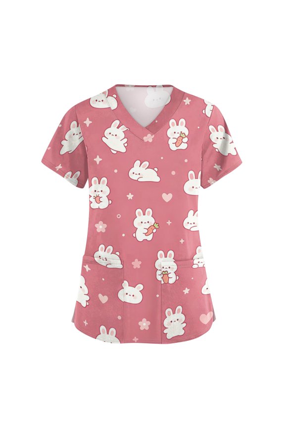 Womens Scrub Tops Working Tops Cartoon Pattern V Neck Stretch Short Sleeve Tops
