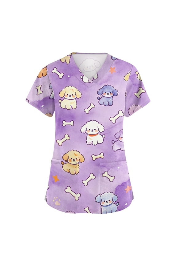Womens Scrub Tops Working Uniform V Neck Short Sleeve Cartoon Animals Printed Scrub Shirts