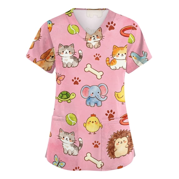 Womens Scrub Tops Working Uniform V Neck Short Sleeve Cartoon Animals Printed Scrub Shirts