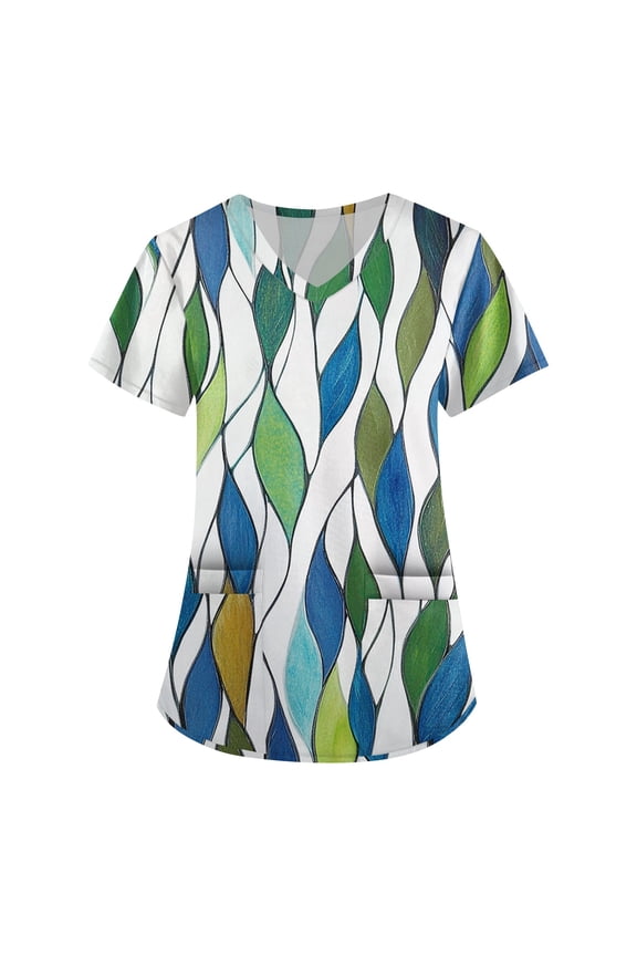Womens Scrub,Women's Floral Printed Scrub Tops - V-Neck Stretch Fabric with Utility Pockets - Sky Blue - XXL