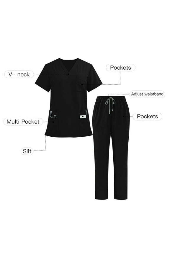 Womens Scrubs 2 Piece Outfits Sets Short Sleeve V Neck Maternity Tops Medical Scrubs High Waisted Uniform Pants Scrubs for Women Tall, Black L