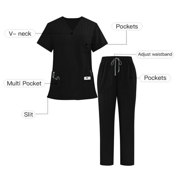 Womens Scrubs 2 Piece Outfits Sets Short Sleeve V Neck Maternity Tops Medical Scrubs High Waisted Uniform Pants Scrubs for Women Tall, Black L