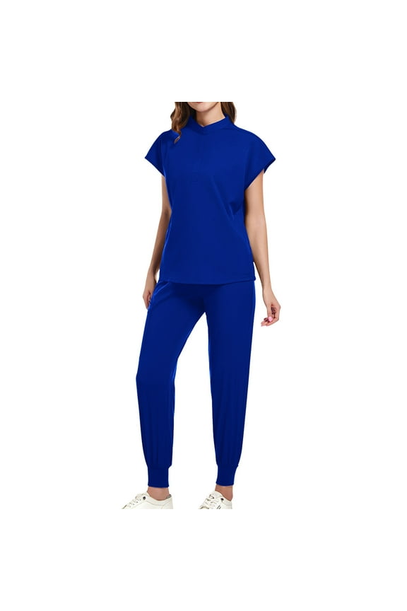Womens Scrubs 2 Piece Outfits Sets Short Sleeve V Neck Maternity Tops Medical Scrubs High Waisted Uniform Pants Woman Sets, Blue L