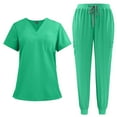 thumbnail image 1 of Womens Scrubs 2 Piece Set Short Sleeve V Neck Top Elastic Waist Jogger Pants Set Nurse Uniform Scrubs Workwear Turquoise S, 1 of 3