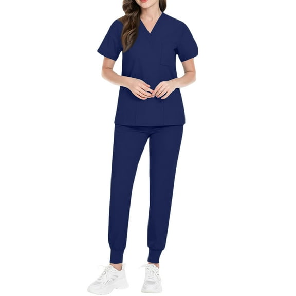 Womens Scrubs,2 Pieces Scrub Sets for Women Medical Wide Leg Stretch Plus Size Yoga Jogger Nursing Scrubs Sets - Navy - XXL