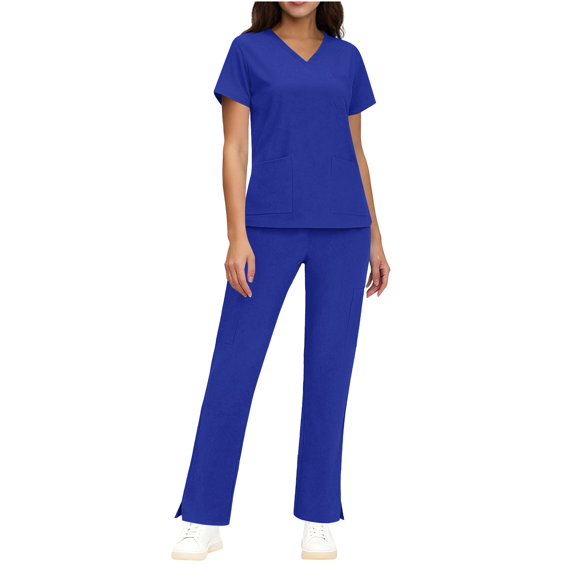 Womens Scrubs Comfy V-Neck Short Sleeve Tops And Long Jogger Pants Two Piece Solid Color Nurse's Workwear Suits Blue S-2xL