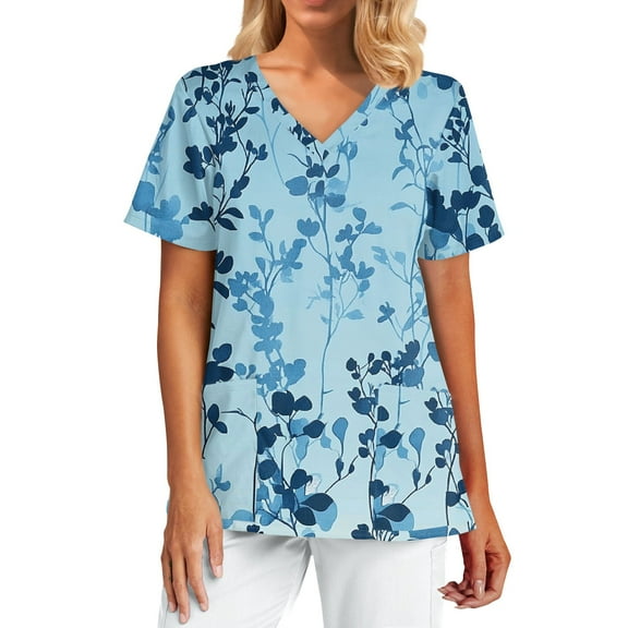 Womens Scrubs,Fashion Scrubs Tops Short Sleeve with 2 Pockets - Lightweight Medical Uniform Blouse for Healthcare - Sky Blue - M