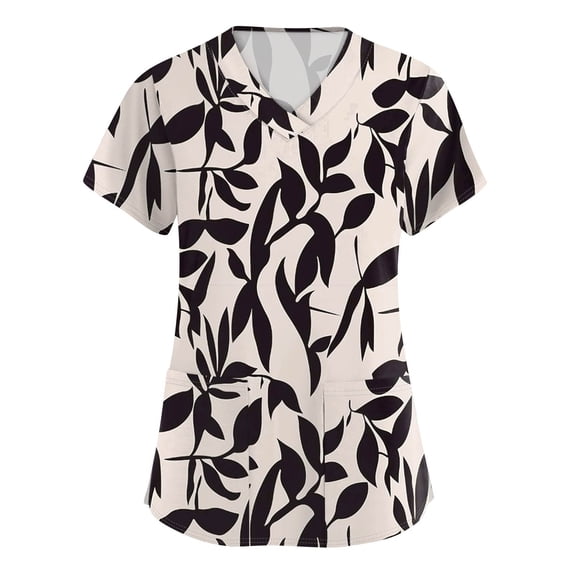 Womens Scrubs Floral Print 2 Pockets Short Sleeve Scrub Top V Neck Cozy Personality Fresh Trendy Nurse Uniform Top Beige L