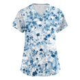 thumbnail image 1 of Womens Scrubs Floral Print 2 Pockets Short Sleeve Scrub Top V Neck Cozy Personality Fresh Trendy Nurse Uniform Top Blue L, 1 of 5