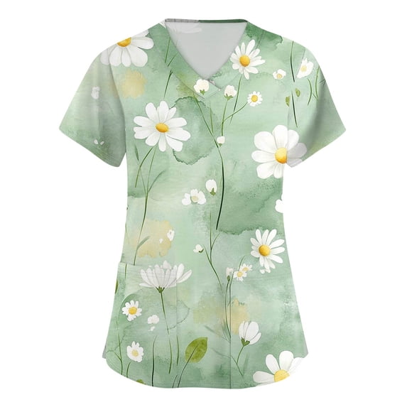 Womens Scrubs Floral Print 2 Pockets Short Sleeve Scrub Top V Neck Cozy Personality Fresh Trendy Nurse Uniform Top Green M