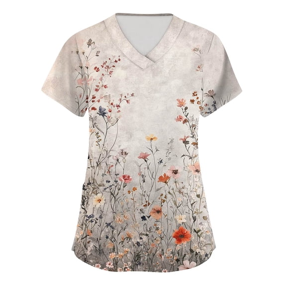 Womens Scrubs Floral Print 2 Pockets Short Sleeve Scrub Top V Neck Cozy Personality Fresh Trendy Nurse Uniform Top Khaki S