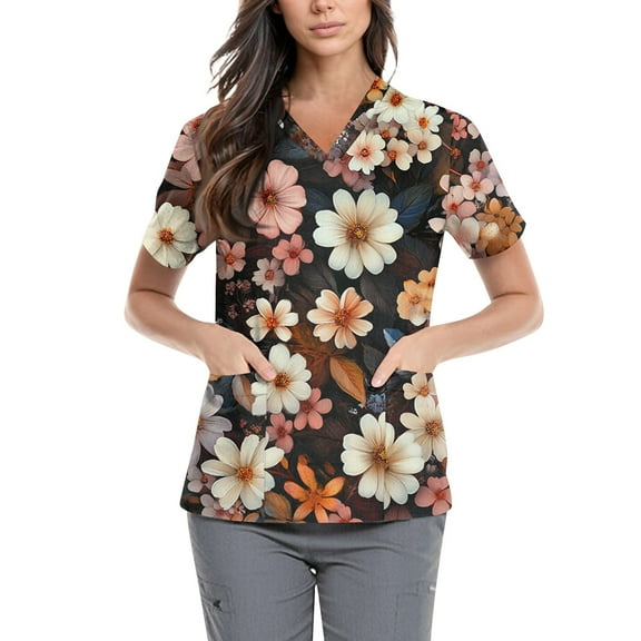 Womens Scrubs,Floral Print Scrub Tops - Side Pocket Design for Nurses & Healthcare Workers - Black - XXXXL