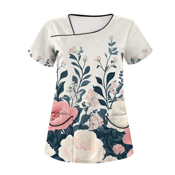 Womens Scrubs,Floral Print Women's Scrub Tops - V-Neck Short Sleeve Nursing Tops with Side Pockets - Blue - S