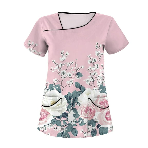 Womens Scrubs,Floral Print Women's Scrub Tops - V-Neck Short Sleeve Nursing Tops with Side Pockets - Light pink - M
