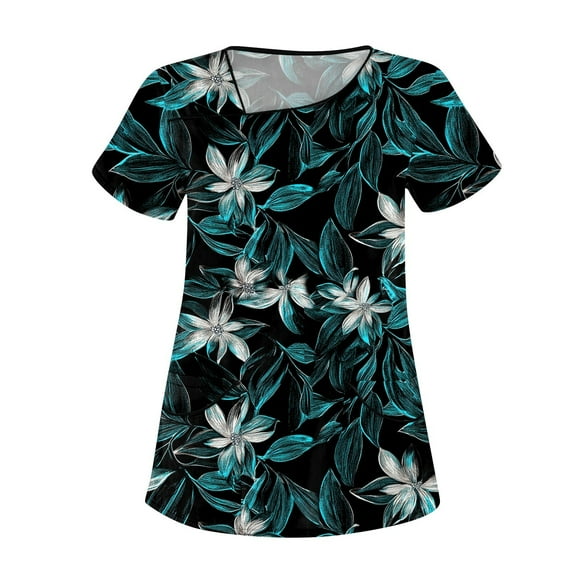 Womens Scrubs,Floral Printed Scrub Tops - Cheerful Floral Patterns Short Sleeve Medical Blouse - Dark Blue - XXXL