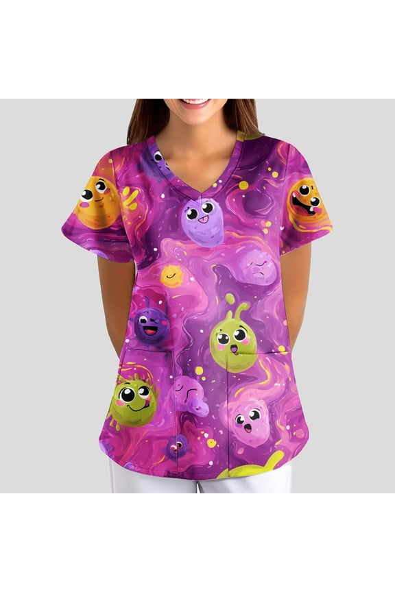 Womens Scrubs Graphic Print Workwear Plus Size V Neck Short Sleeve Scrub Tops Shirts