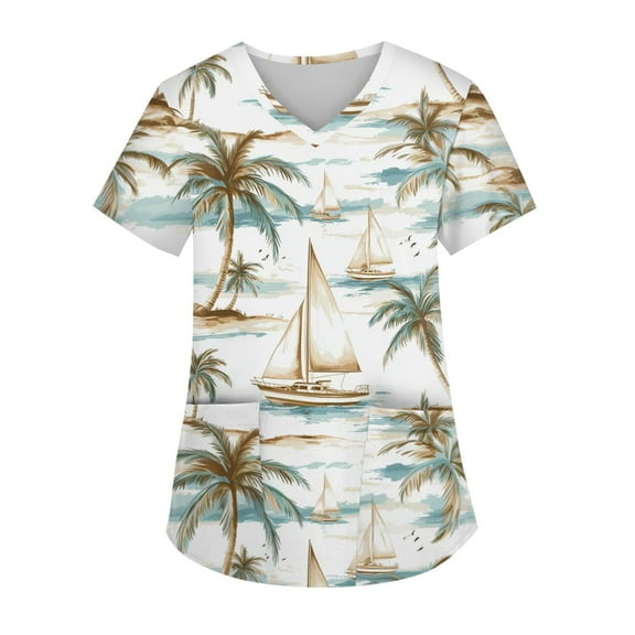 Womens Scrubs,Hawaiian Floral Nurse Tops - Lightweight Short Sleeve Scrub with Chest Pocket - Light Brown - XXL