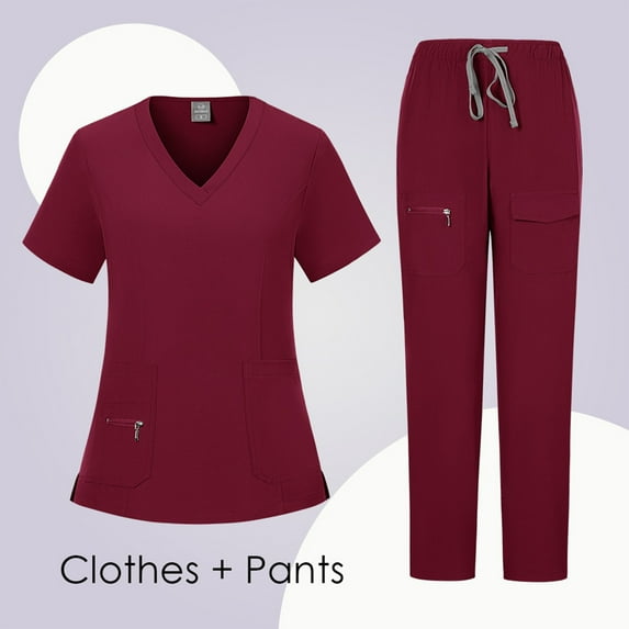 Womens Scrubs Plus Size Nurse Uniforms Stretchy V Neck Yoga Scrub Pants and Tops Scrub Joggers Medical Scrub Sets Scrubs for Tall Women Wine 2XL