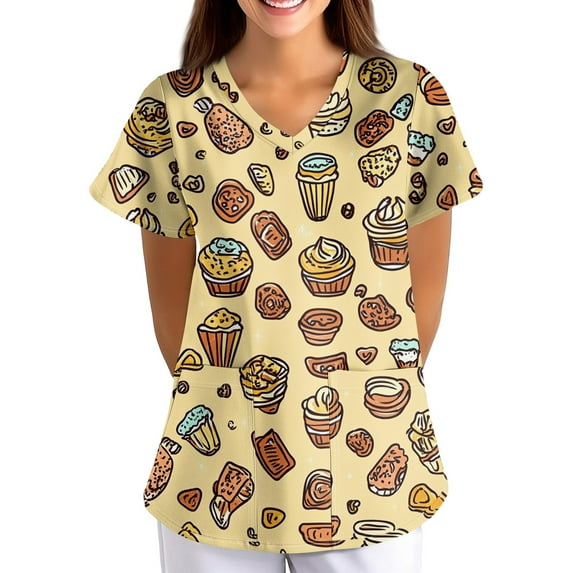 Womens Scrubs Plus Size V Neck Short Sleeve Summer Workwear Graphic Printed Nurse Uniform Scrub Blouse Shirts