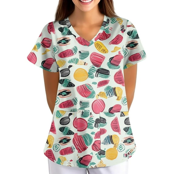 Womens Scrubs Plus Size V Neck Short Sleeve Summer Workwear Graphic Printed Nurse Uniform Scrub Blouse Shirts