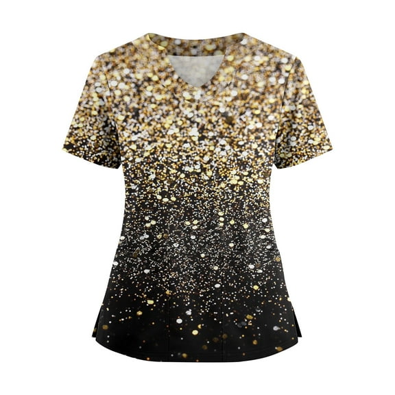 Womens Scrubs, Printed Scrub Tops Soft Knit Nurse Uniform Shirts Short Sleeve V Neck Shirt with Pockets Uniforms 2025 for Women Plus Size V-Neck Fun Scrubs Top Workwear Gold 3Xl