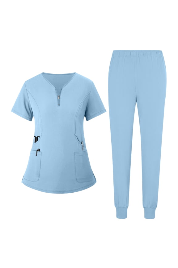 Womens Scrubs Set 2026 Spring Summer V-Neck Scrub Top & Jogger Pant Quick Dry Nursing Workwear Stretch Medical Uniform with Multi Pocket for Nurse Esthetician Sky Blue S