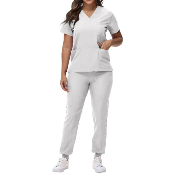 Womens Scrubs Set 2026 Spring Summer V-Neck Scrub Top & Jogger Pant Stretch Nursing Scrubs Set Quick Dry Uniform Suits with Pockets White M