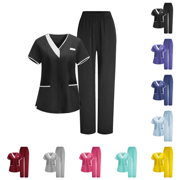 Womens Scrubs Set Color Block V Neck Scrub Top & Straight Leg Pants Pocket Stretch Medical Uniform Nursing Scrubs Black M
