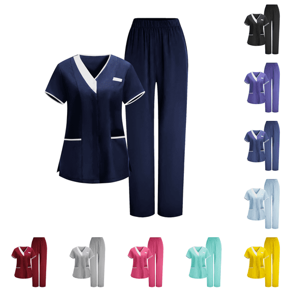Womens Scrubs Set Color Block V Neck Scrub Top & Straight Leg Pants Pocket Stretch Medical Uniform Nursing Scrubs Navy 2XL