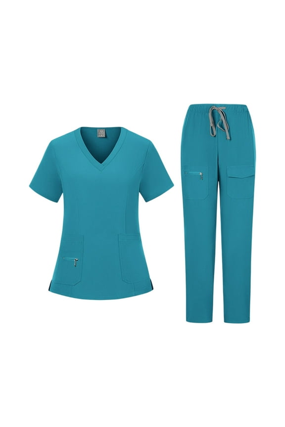 Womens Scrubs Set Comfortable V-Neck Scrub Top & Drawstring Jogger Scrub Pants Stretch Nursing Scrubs Set Quick Dry Uniform Suits with Multi Pocket for Nurse Esthetician Turquoise M