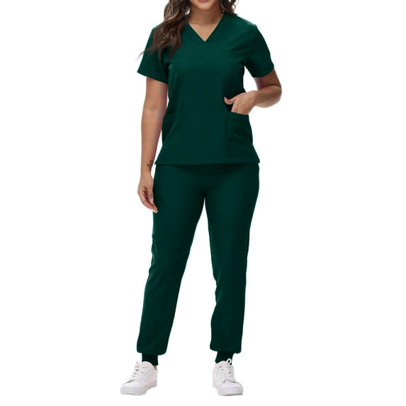 Womens Scrubs Set Comfortable V-Neck Scrub Top & Jogger Scrub Pants Stretch Nursing Scrubs Set Quick Dry Working Uniforms with Pockets Dark Green 2XL